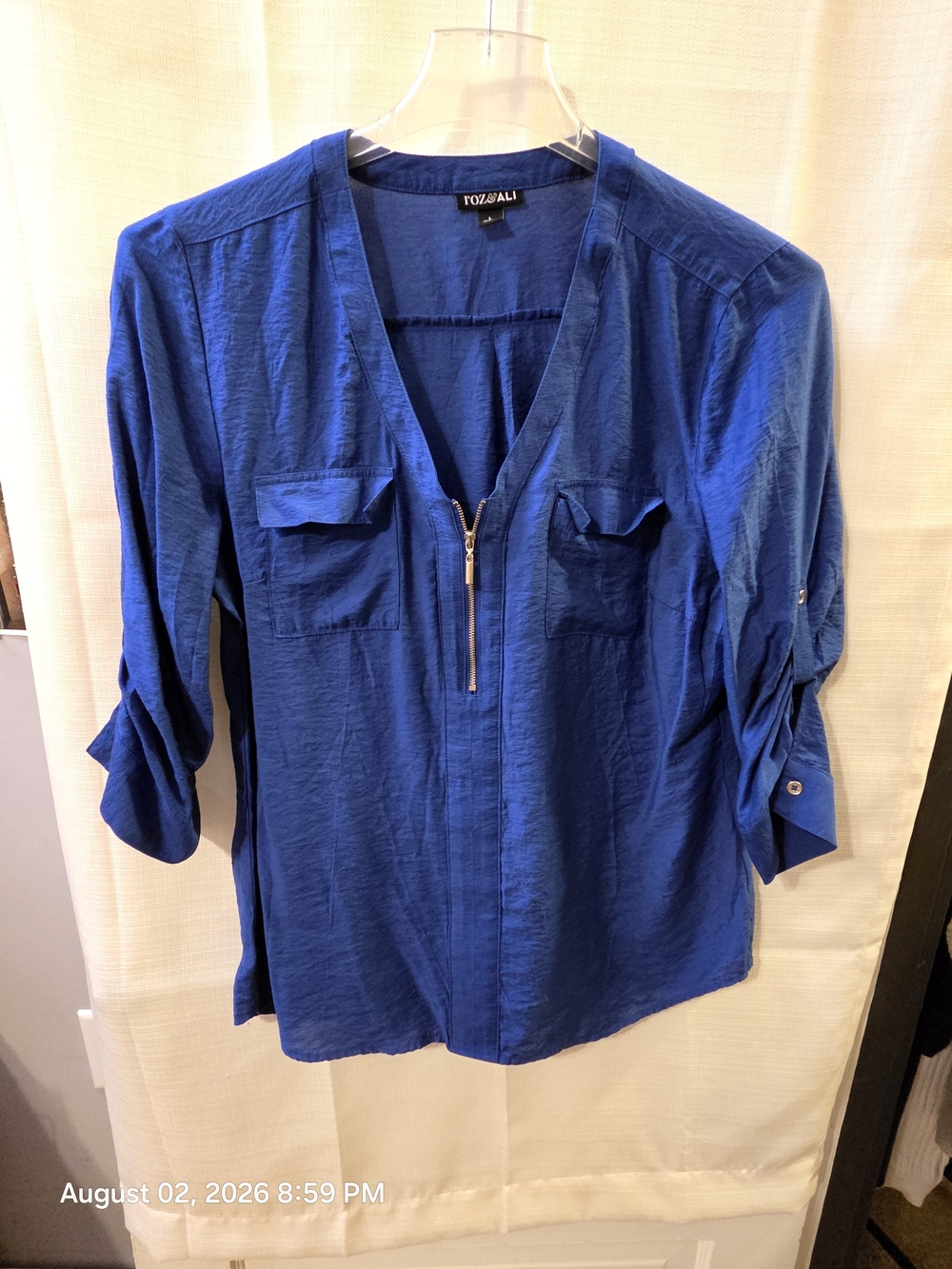 Roz & Ali Royal Blue Zip Blouse with Roll-Tab Sleeves